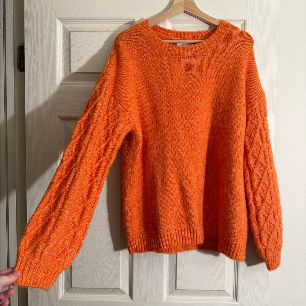 Anthropologie Orange Crew Neck Sweater with Cable Knit Sleeves